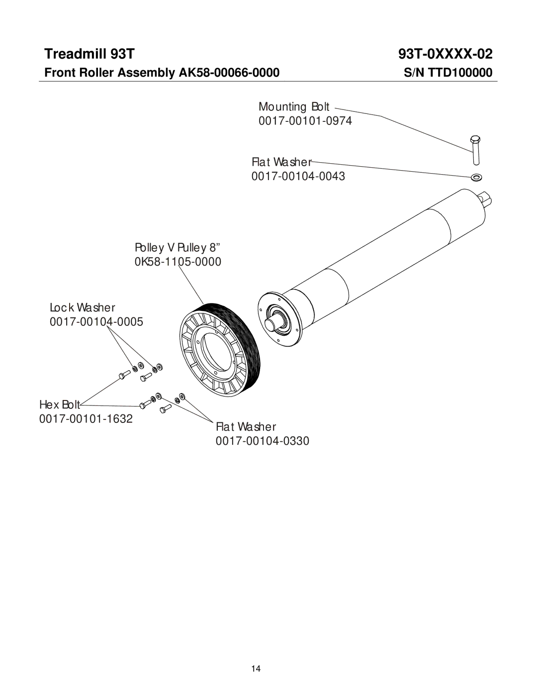 Life Fitness 93T-0XXXX-02 operation manual Front Roller Assembly AK58-00066-0000 