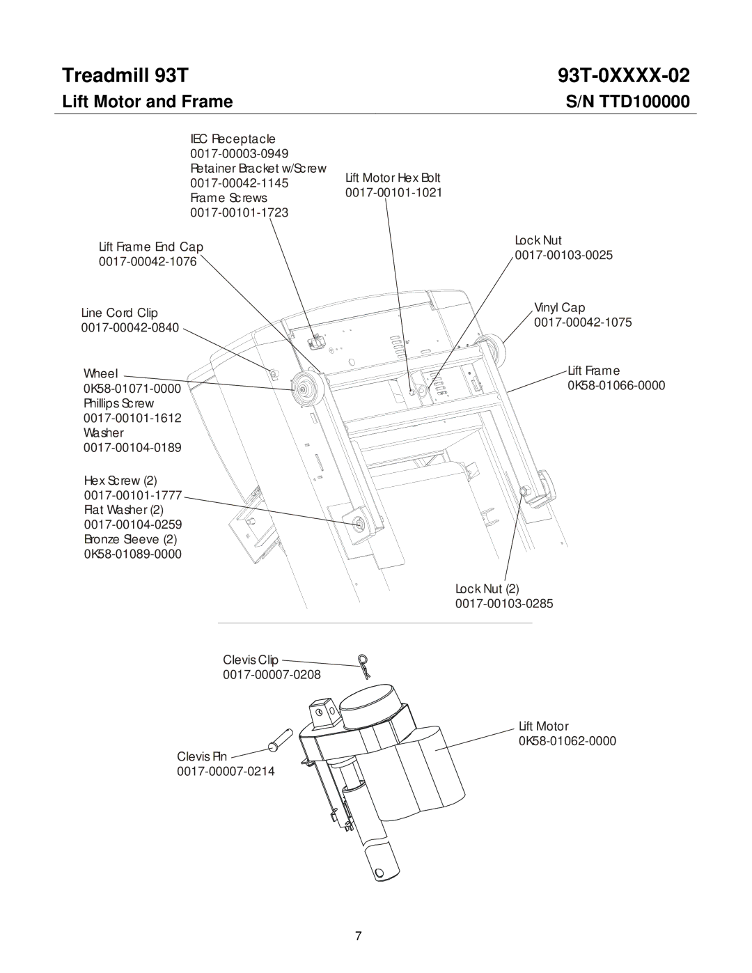 Life Fitness 93T-0XXXX-02 operation manual Lift Motor and Frame 