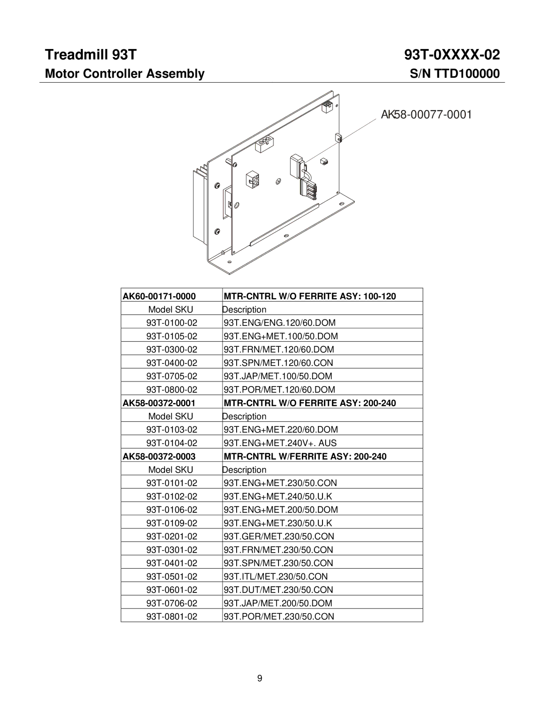 Life Fitness 93T-0XXXX-02 operation manual Motor Controller Assembly TTD100000, AK58-00077-0001 