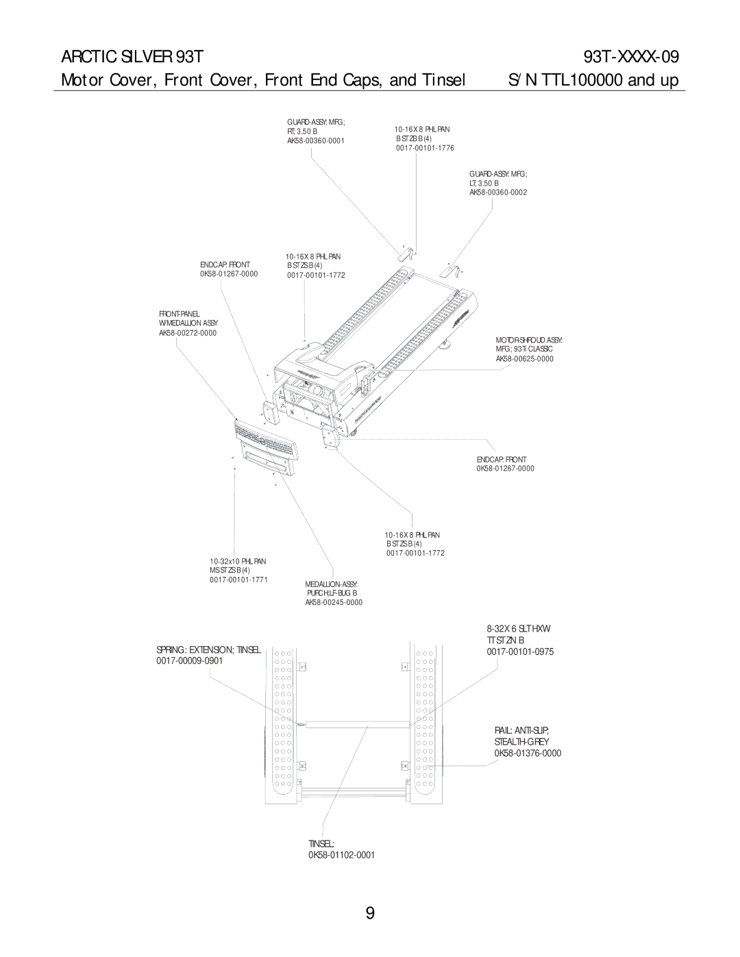 Life Fitness 93T-XXXX-09 manual Motor Cover, Front Cover, Front End Caps, and Tinsel, MOTOR-SHROUD Assy 