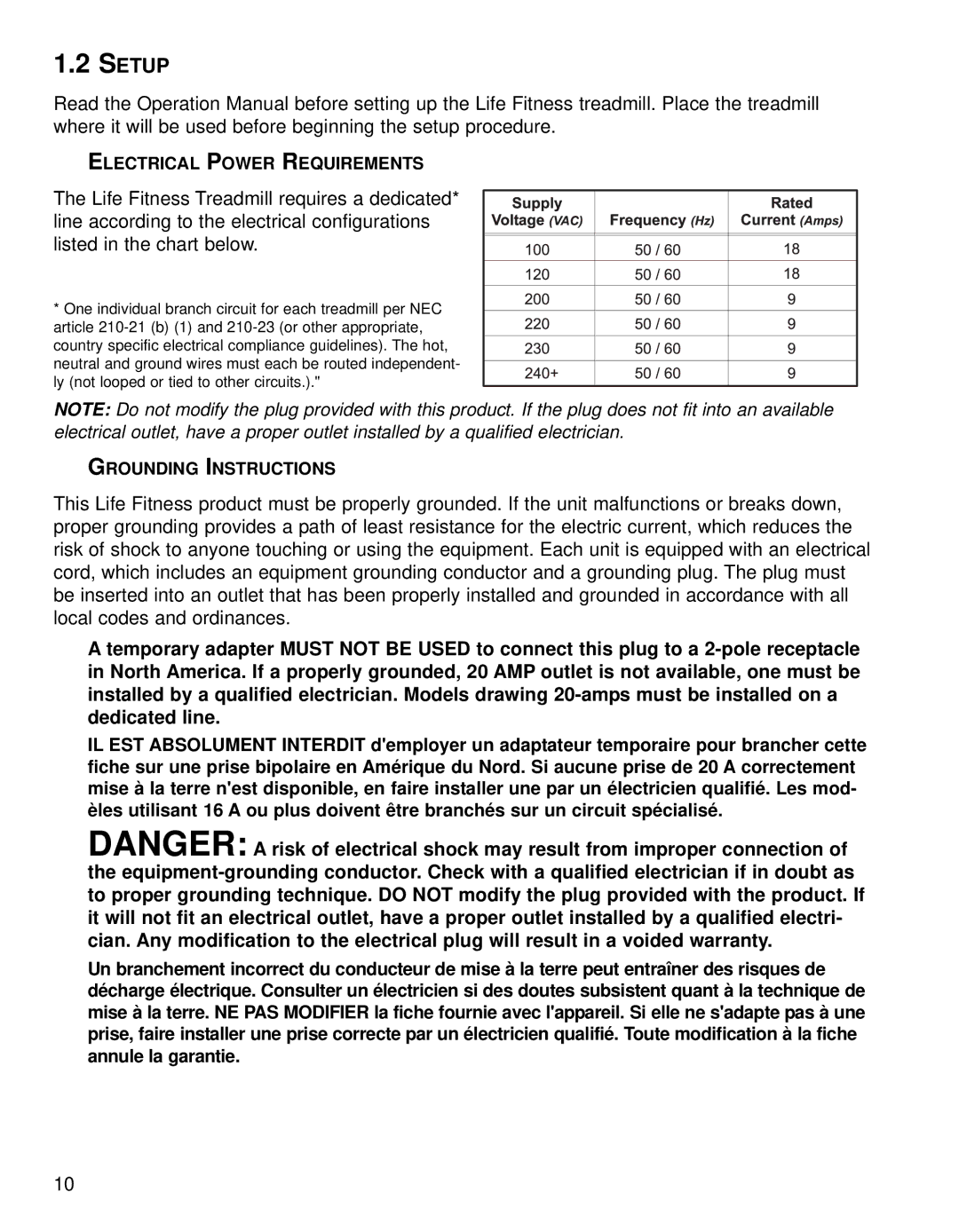 Life Fitness 93T operation manual Setup, Electrical Power Requirements, Grounding Instructions 