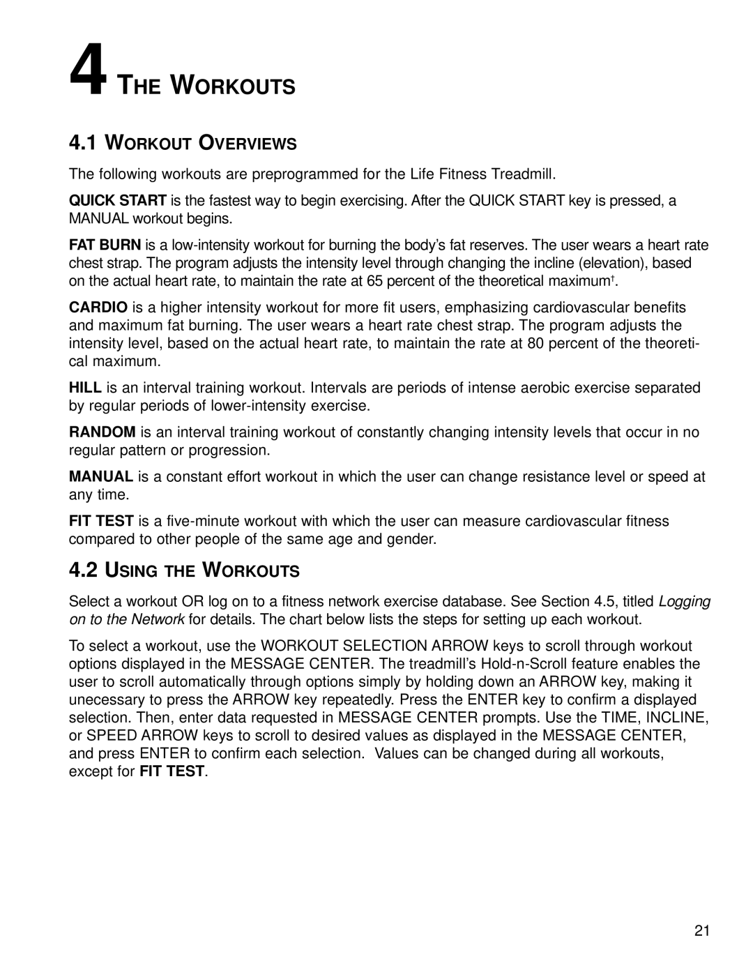 Life Fitness 93T operation manual Workout Overviews, Using the Workouts 