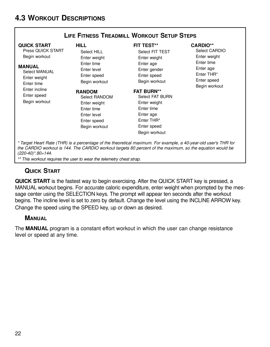 Life Fitness 93T operation manual Workout Descriptions 