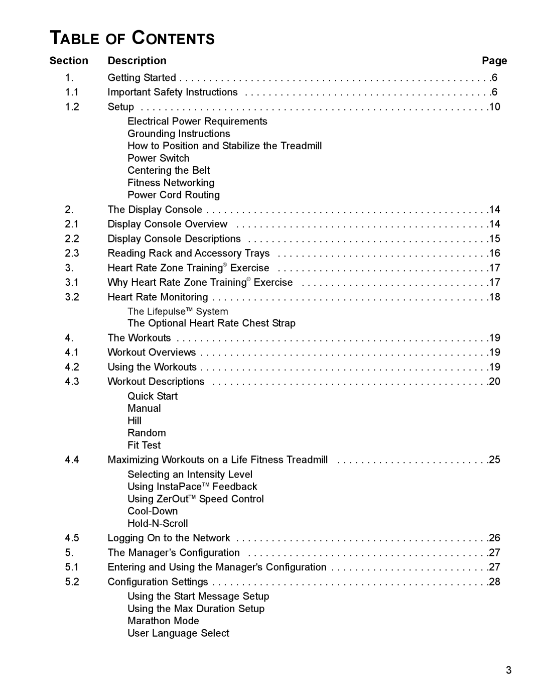 Life Fitness 93T operation manual Table of Contents 