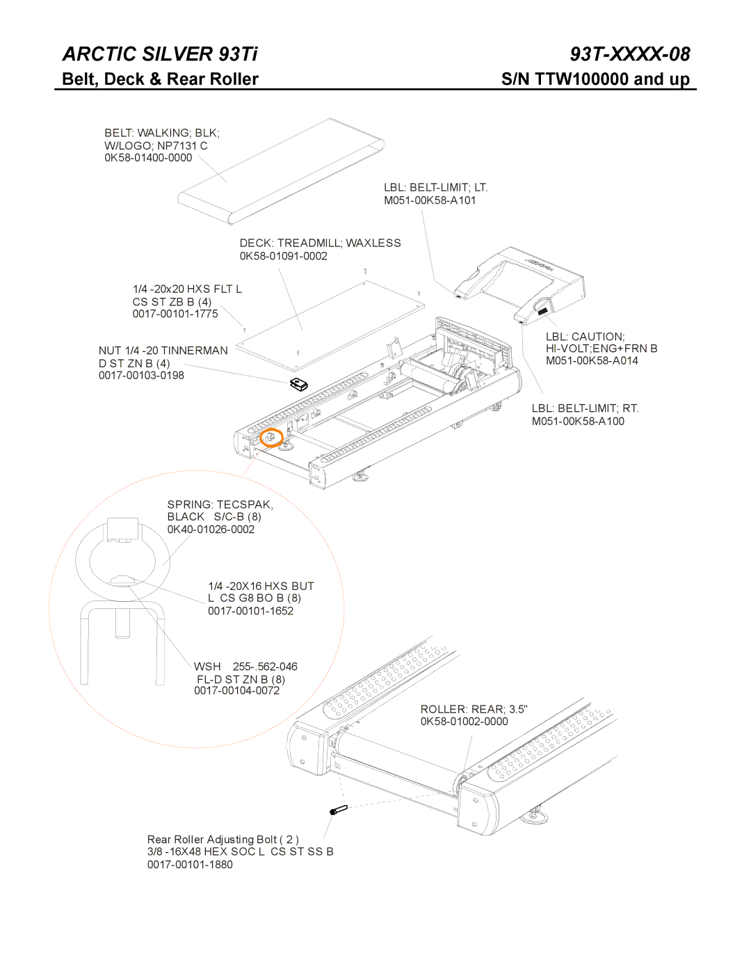 Life Fitness 93Ti manual Belt, Deck & Rear Roller, LBL Caution HI-VOLTENG+FRN B M051-00K58-A014 