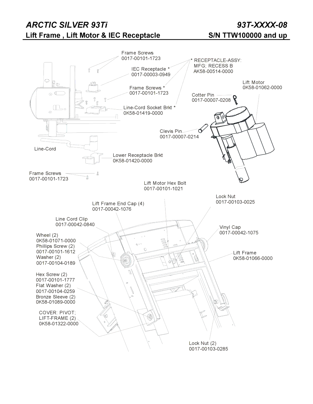 Life Fitness 93Ti manual Lift Frame , Lift Motor & IEC Receptacle, RECEPTACLE-ASSY MFG Recess B AK58-00514-0000 