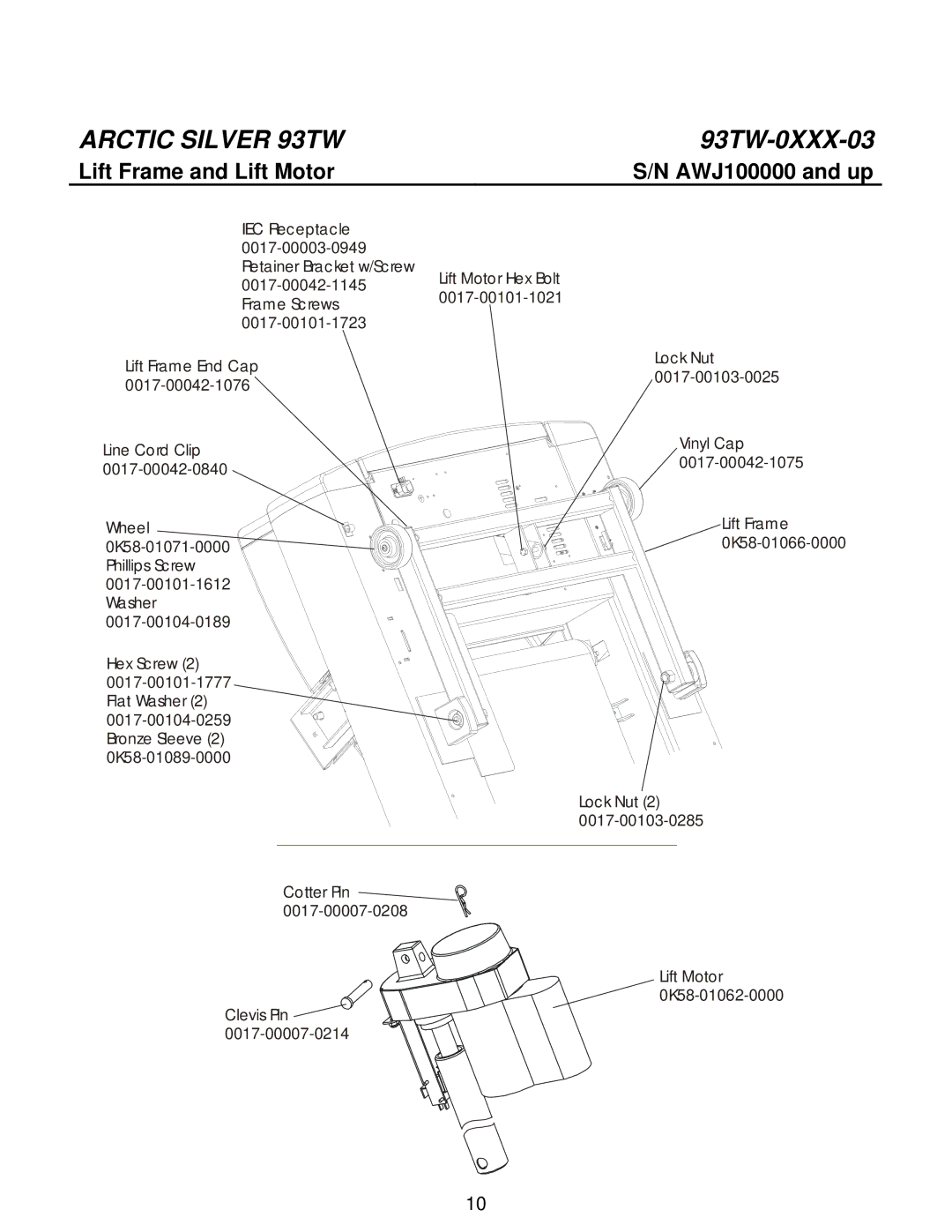 Life Fitness 93tw manual Lift Frame and Lift Motor AWJ100000 and up 