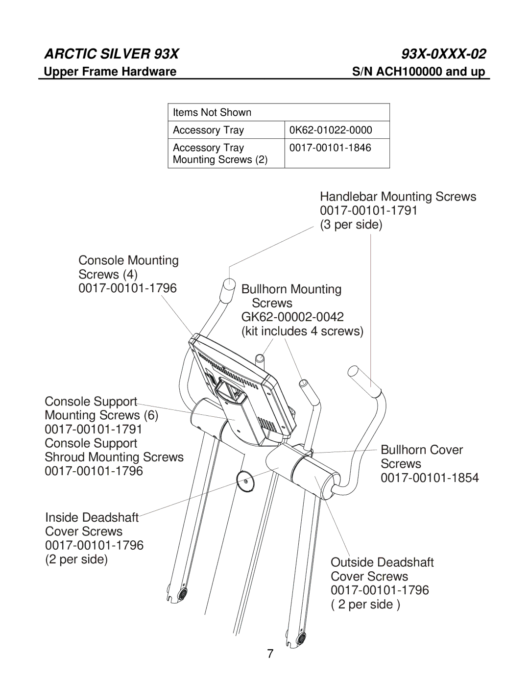 Life Fitness 93X-0XXX-02 manual Upper Frame Hardware ACH100000 and up 