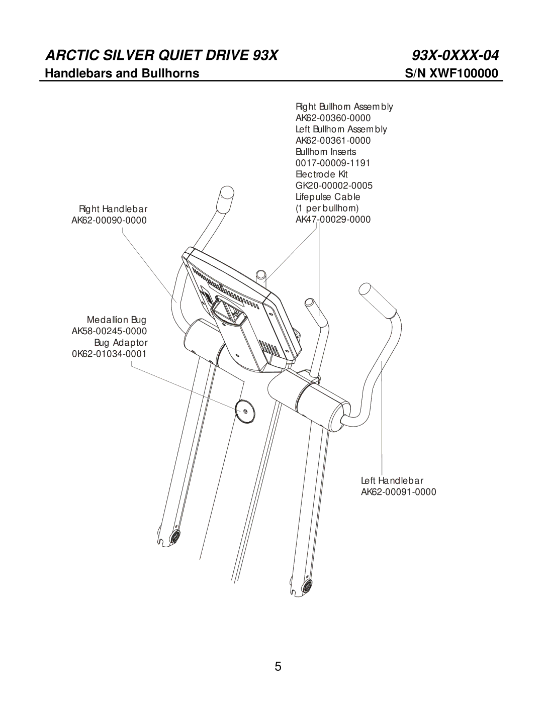 Life Fitness 93X-0XXX-04 manual Handlebars and Bullhorns, Right Handlebar AK62-00090-0000 