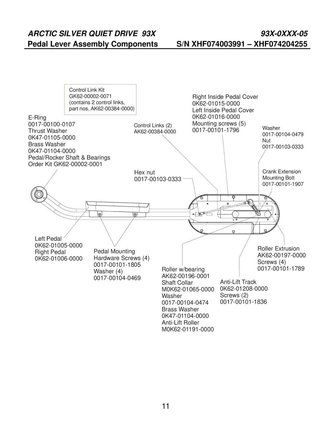 Life Fitness 93X-0XXX-05 manual Pedal Lever Assembly Components 