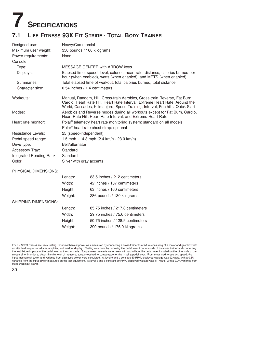 Life Fitness operation manual Specifications, Life Fitness 93X FIT Stridetm Total Body Trainer 