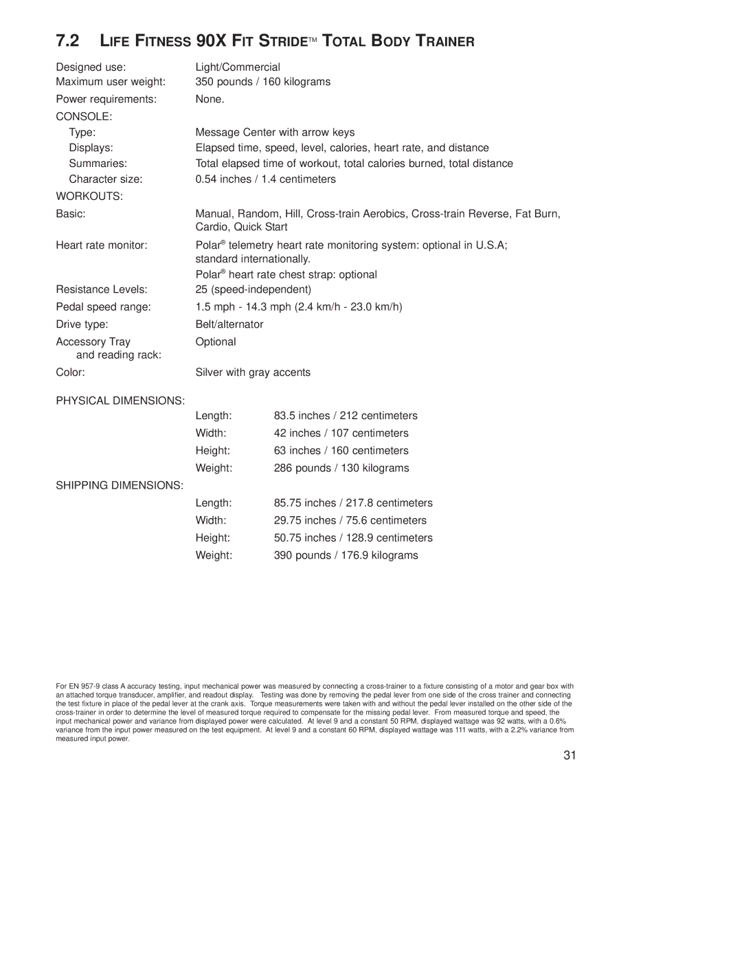 Life Fitness 93X operation manual Life Fitness 90X FIT Stridetm Total Body Trainer, Console 