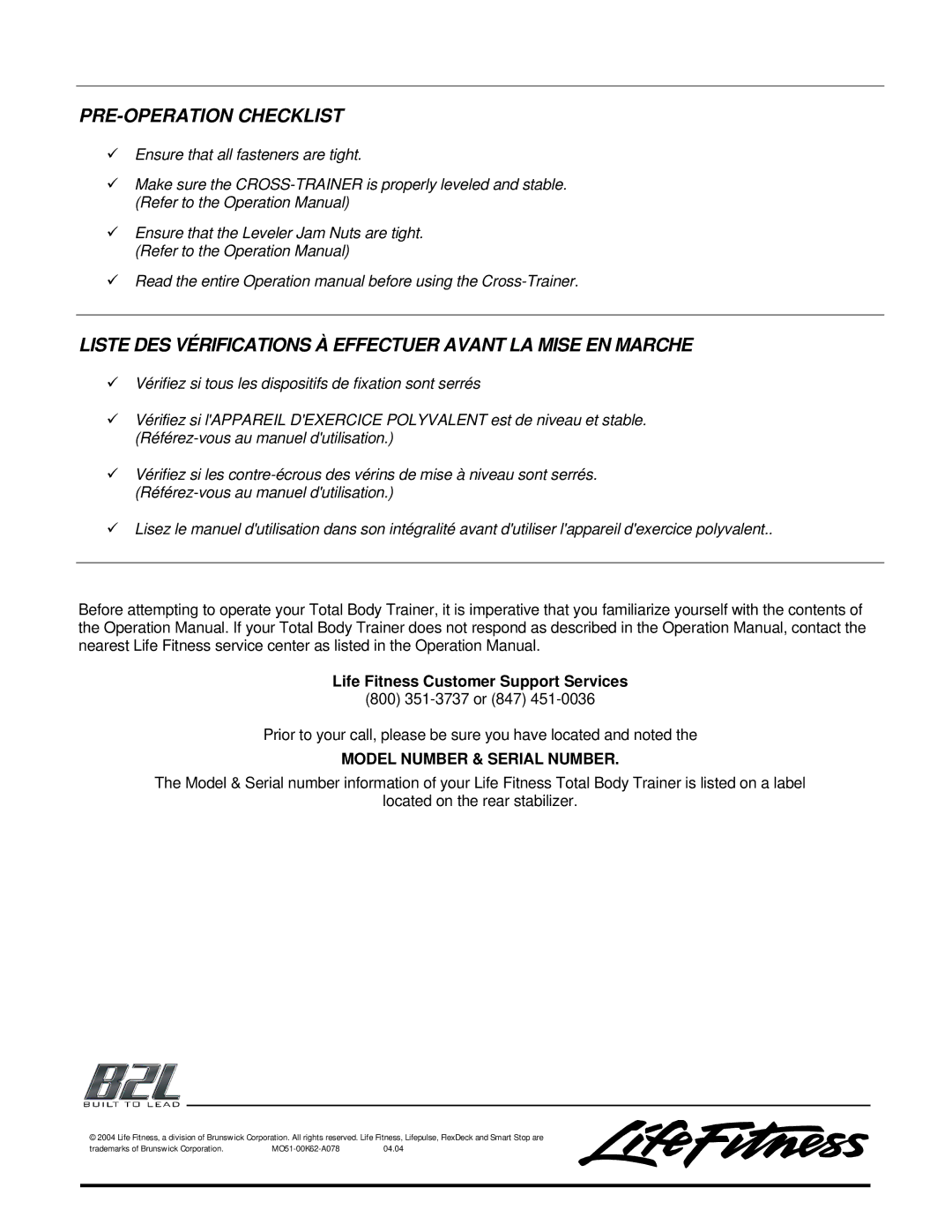 Life Fitness 93Xe manual PRE-OPERATION Checklist 