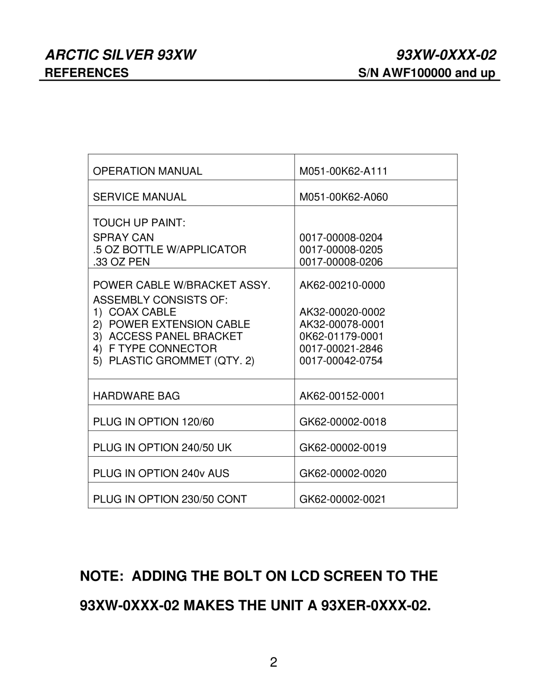 Life Fitness 93XW-0XXX-02 manual Arctic Silver 93XW 