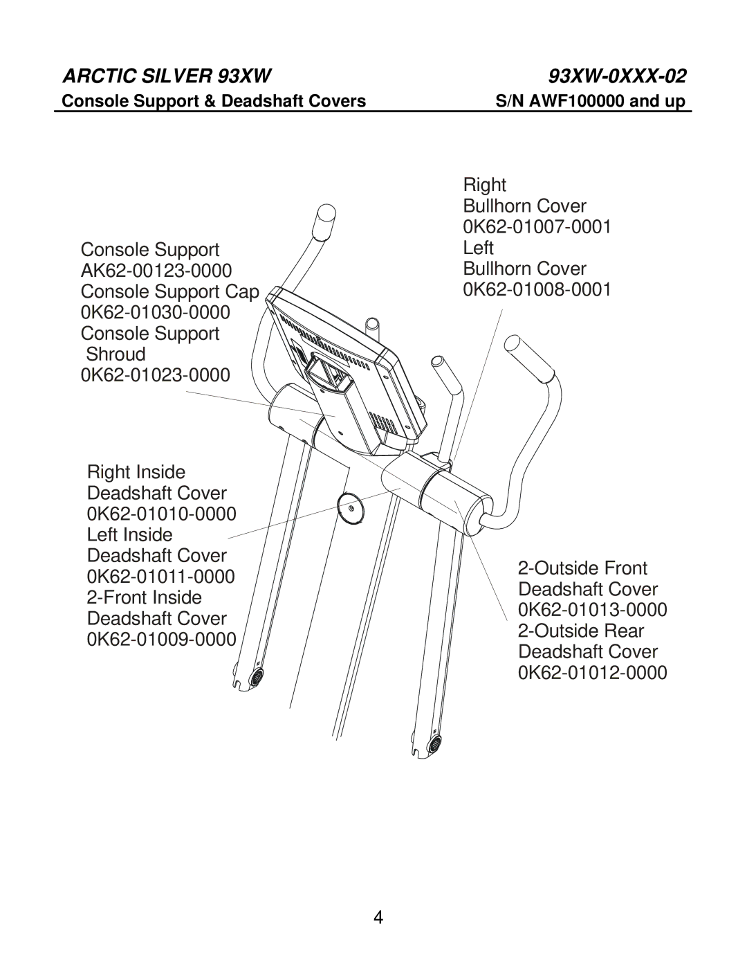Life Fitness 93XW-0XXX-02 manual Right, Console Support & Deadshaft Covers 