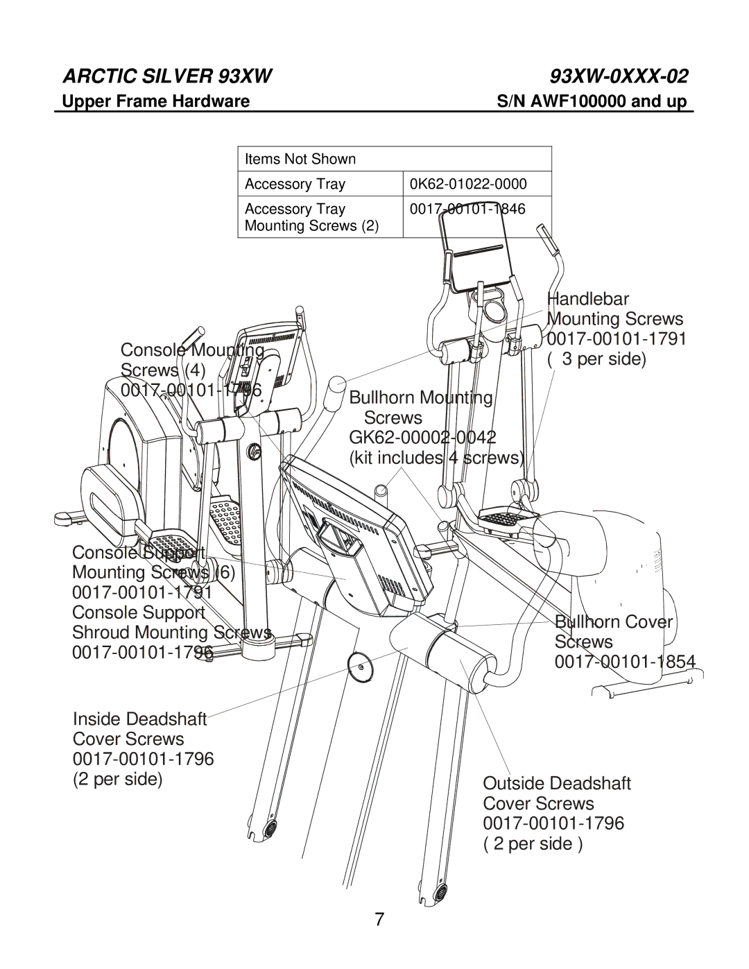 Life Fitness 93XW-0XXX-02 manual Upper Frame Hardware AWF100000 and up 