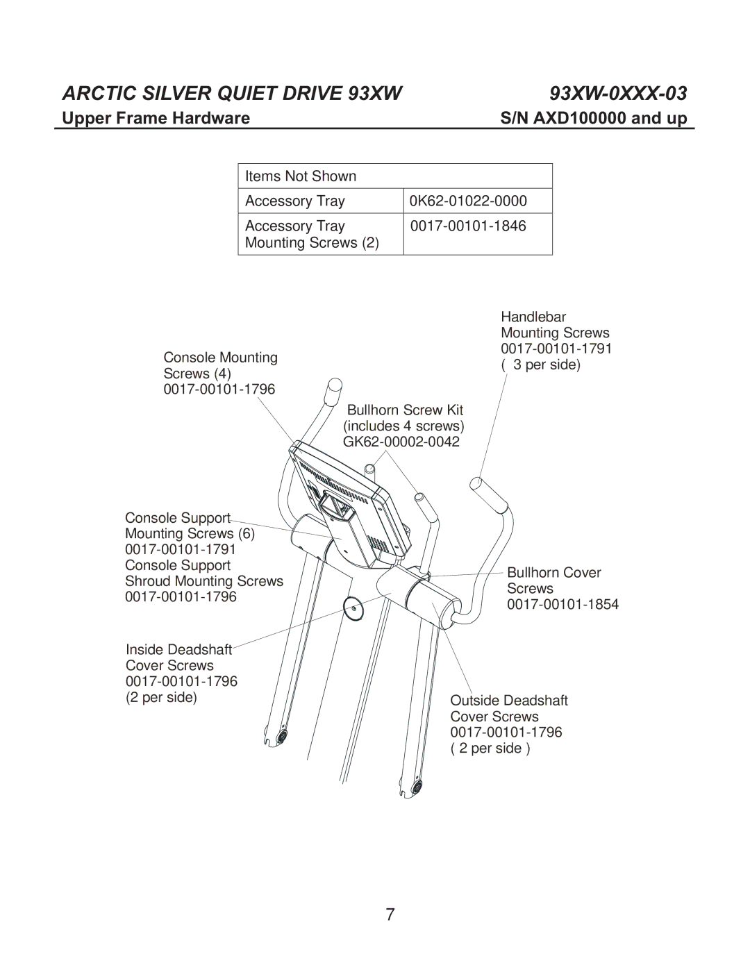 Life Fitness 93XW-0XXX-03 manual Upper Frame Hardware 