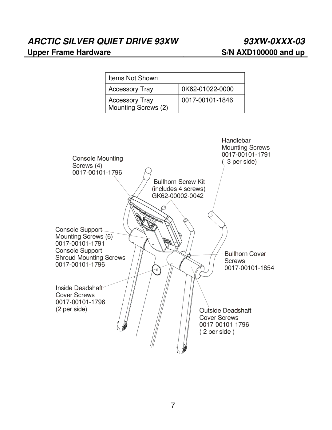 Life Fitness 93XW-0XXX-03 manual Upper Frame Hardware AXD100000 and up 