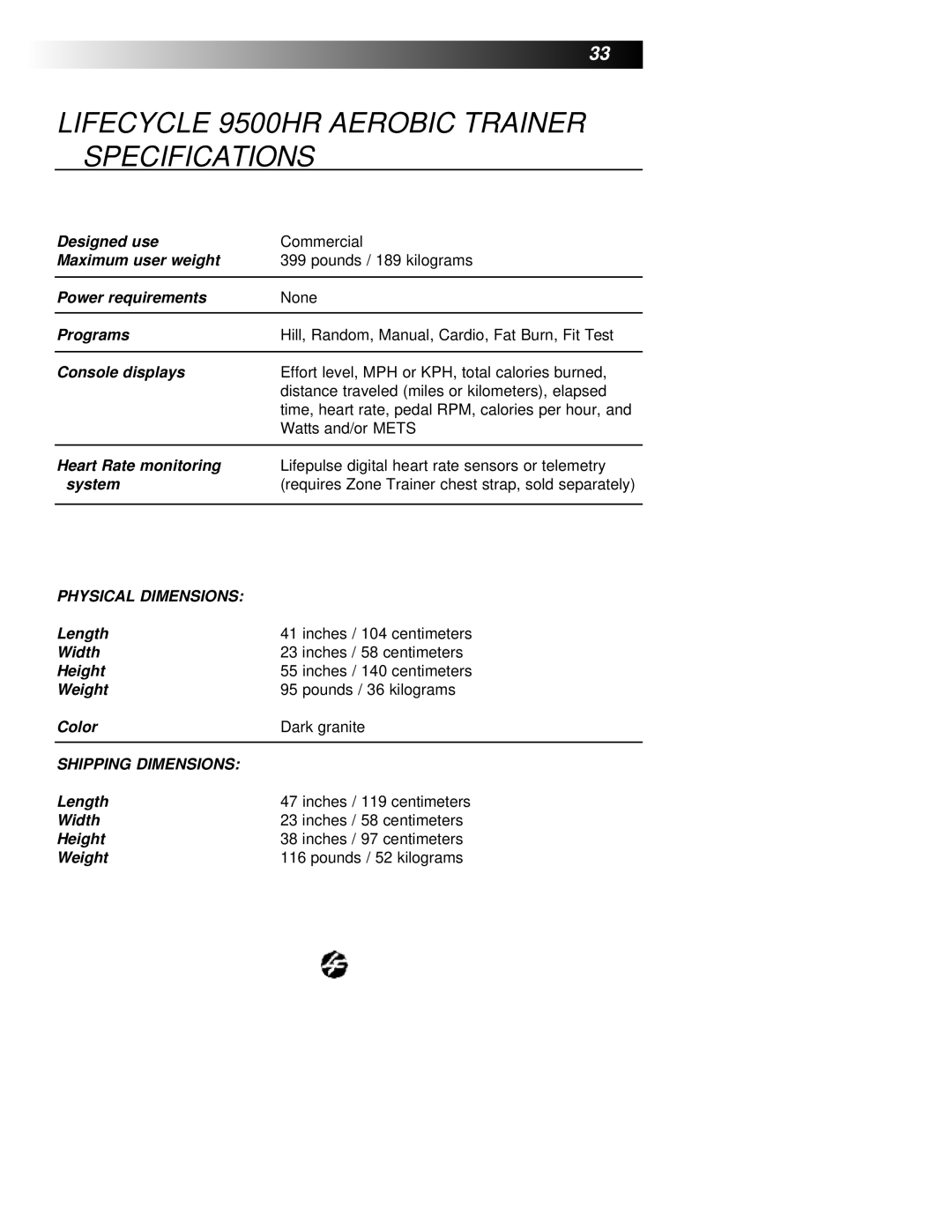 Life Fitness manual Lifecycle 9500HR Aerobic Trainer Specifications, Console displays 