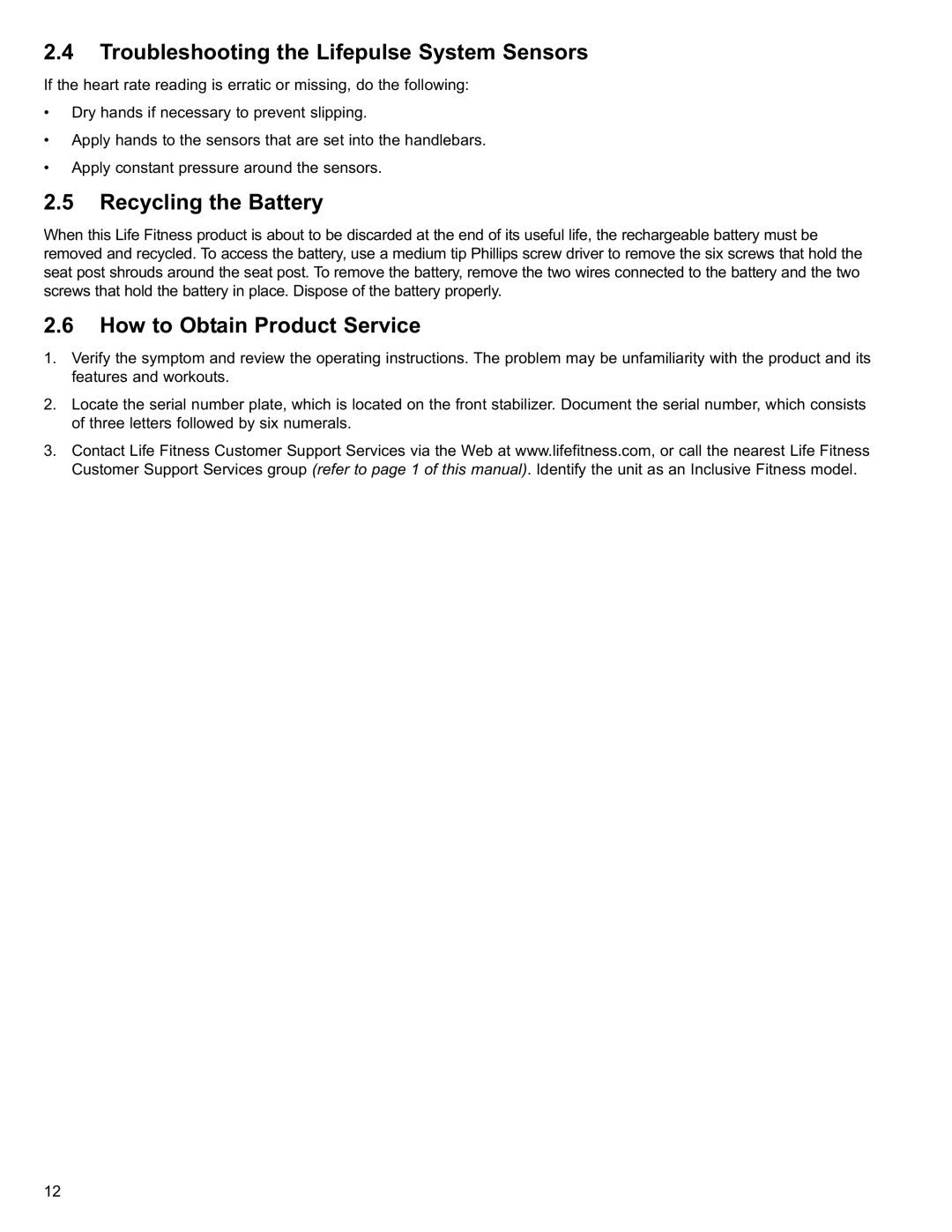 Life Fitness 95C Troubleshooting the Lifepulse System Sensors, Recycling the Battery, How to Obtain Product Service 