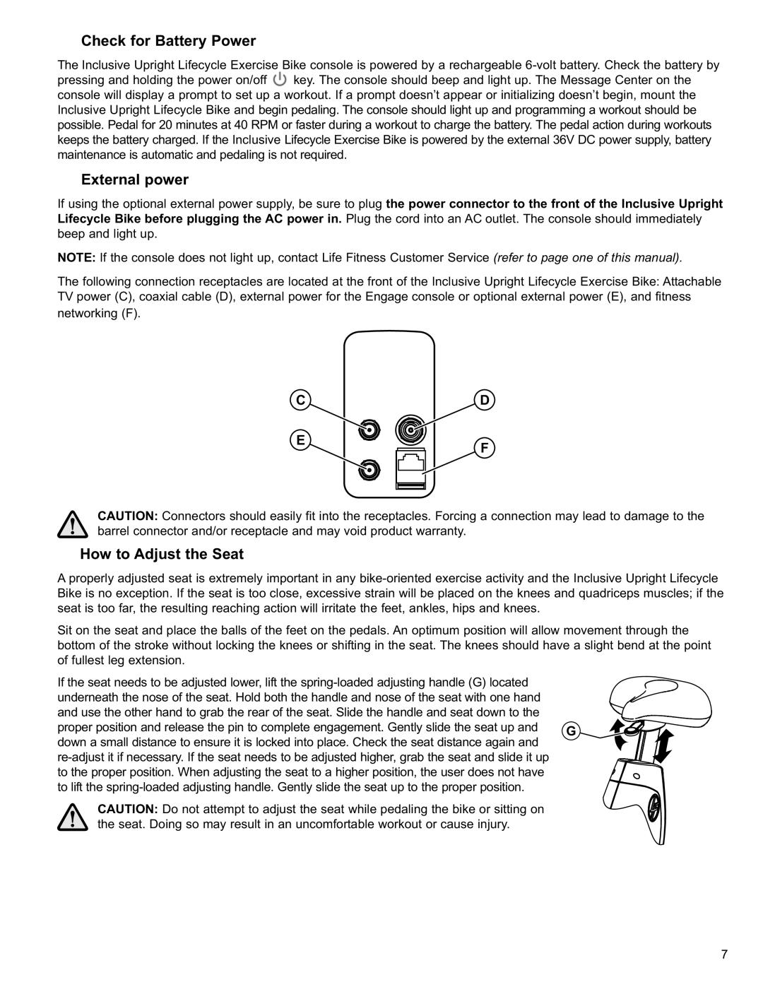 Life Fitness 95C owner manual Check for Battery Power, External power, How to Adjust the Seat 