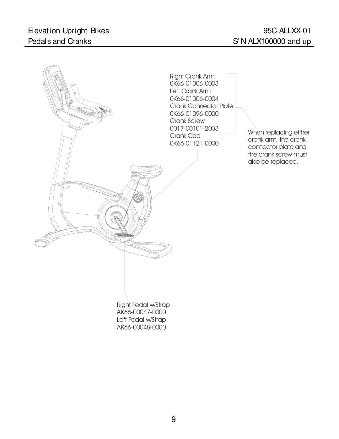 Life Fitness manual Elevation Upright Bikes 95C-ALLXX-01 Pedals and Cranks 