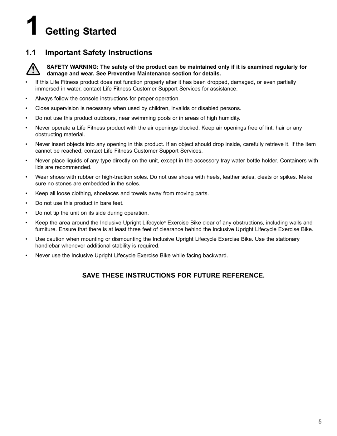 Life Fitness 95C owner manual Getting Started, Important Safety Instructions, Save These Instructions For Future Reference 