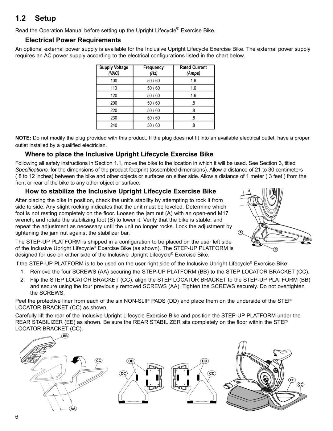 Life Fitness 95C Setup, Electrical Power Requirements, Where to place the Inclusive Upright Lifecycle Exercise Bike 