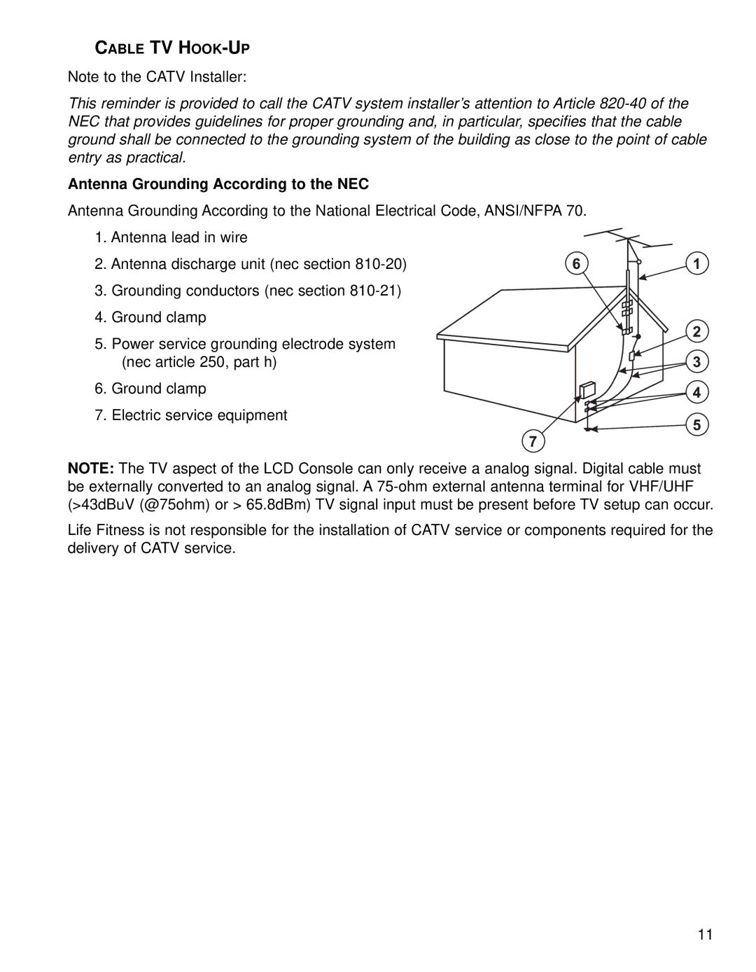 Life Fitness 95CE operation manual Antenna Grounding According to the NEC, Cable TV HOOK-UP 