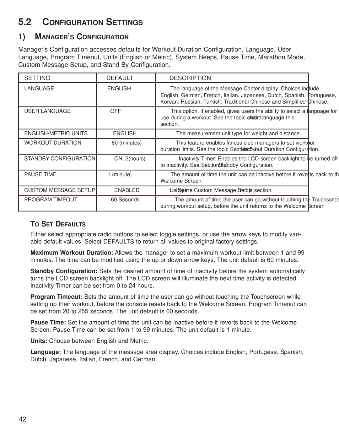 Life Fitness 95CE operation manual Configuration Settings, MANAGER’S Configuration, Setting Default Description 