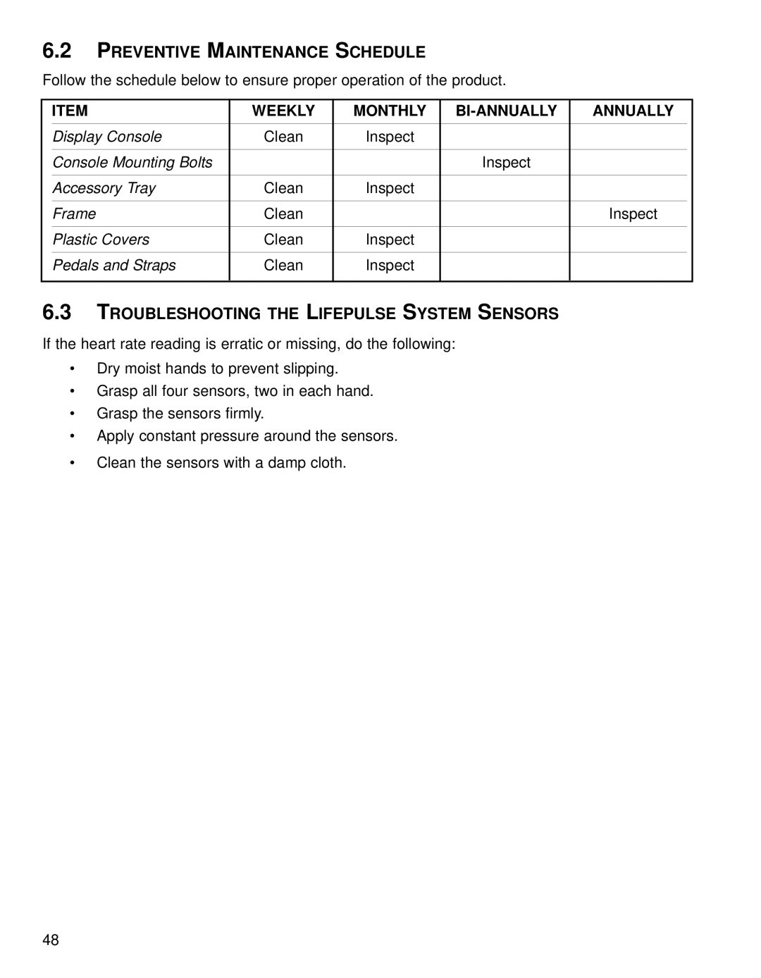 Life Fitness 95CE operation manual Preventive Maintenance Schedule, Troubleshooting the Lifepulse System Sensors 