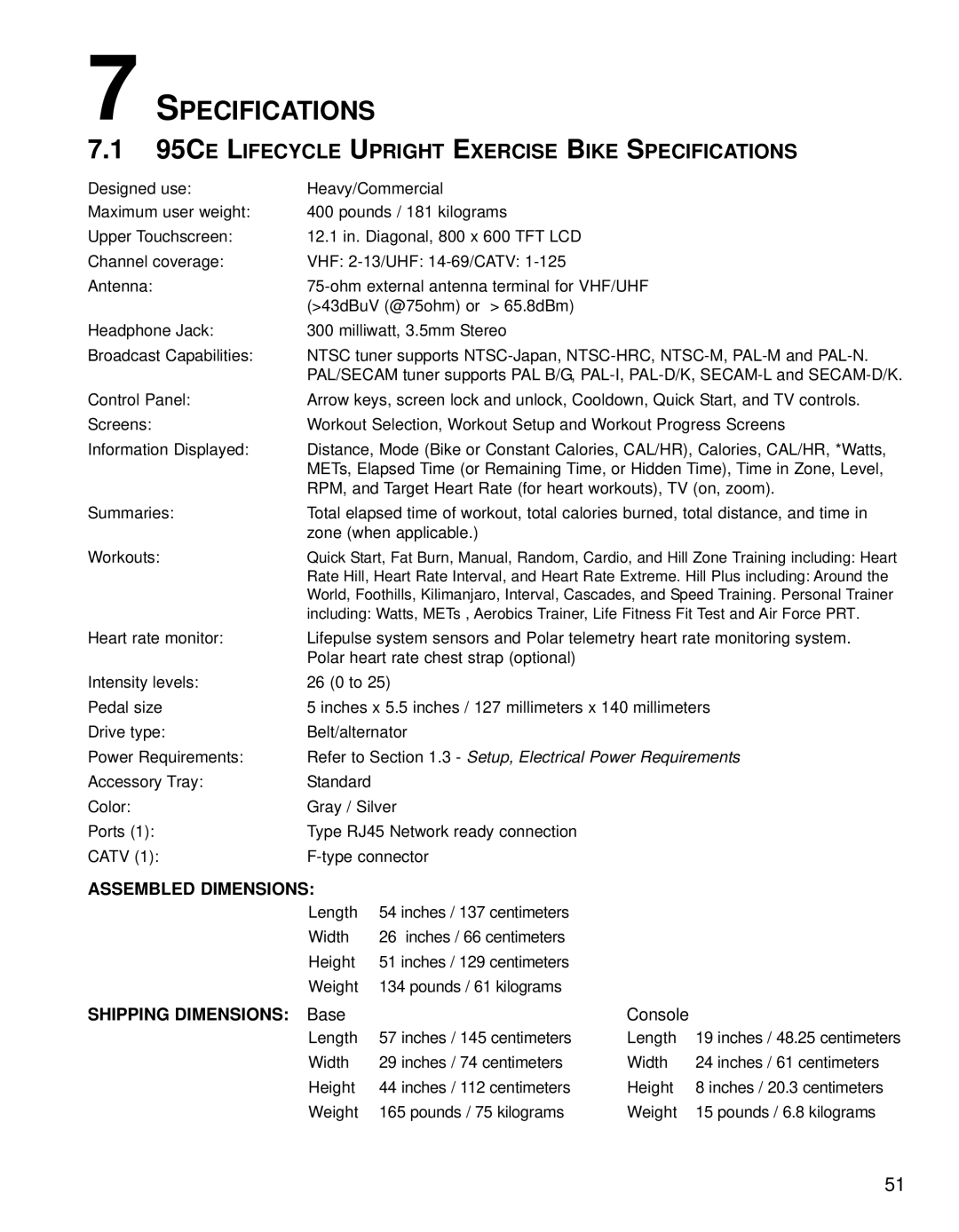 Life Fitness operation manual 95CE Lifecycle Upright Exercise Bike Specifications, Assembled Dimensions 