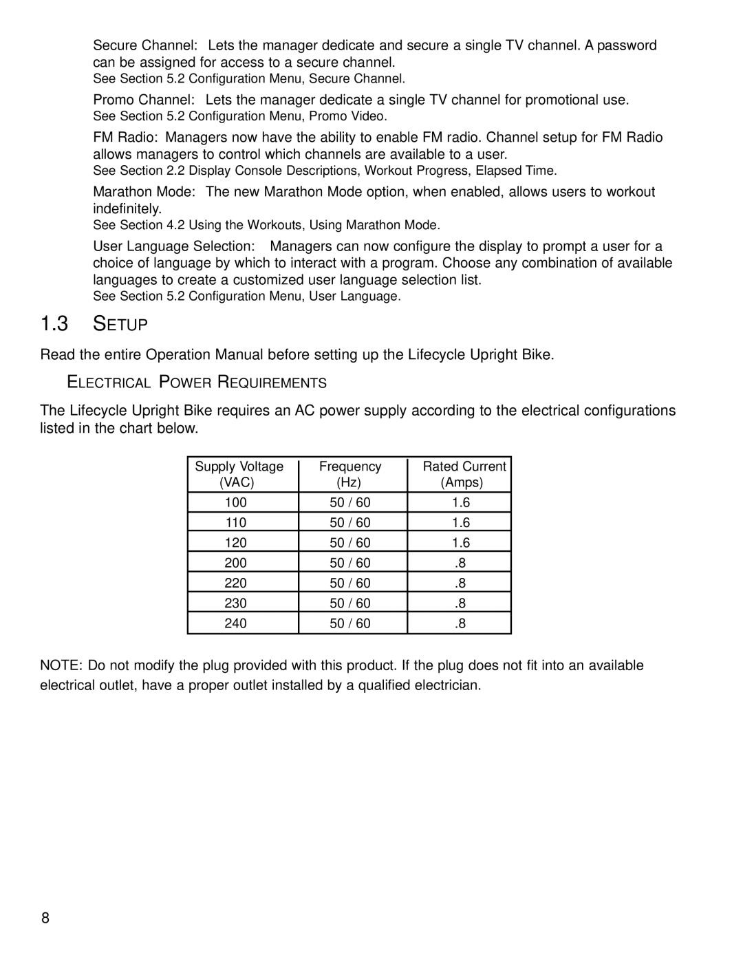 Life Fitness 95CE operation manual Setup, Electrical Power Requirements 