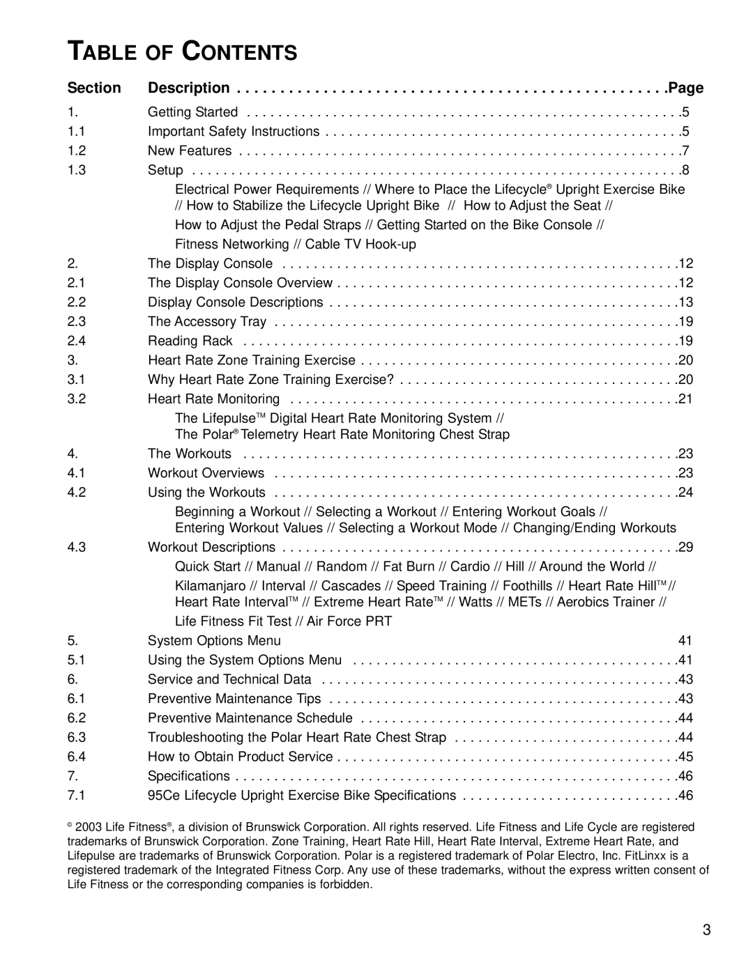 Life Fitness 95CE operation manual Table of Contents 