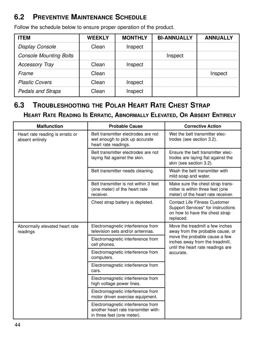 Life Fitness 95CE operation manual Preventive Maintenance Schedule, Troubleshooting the Polar Heart Rate Chest Strap 