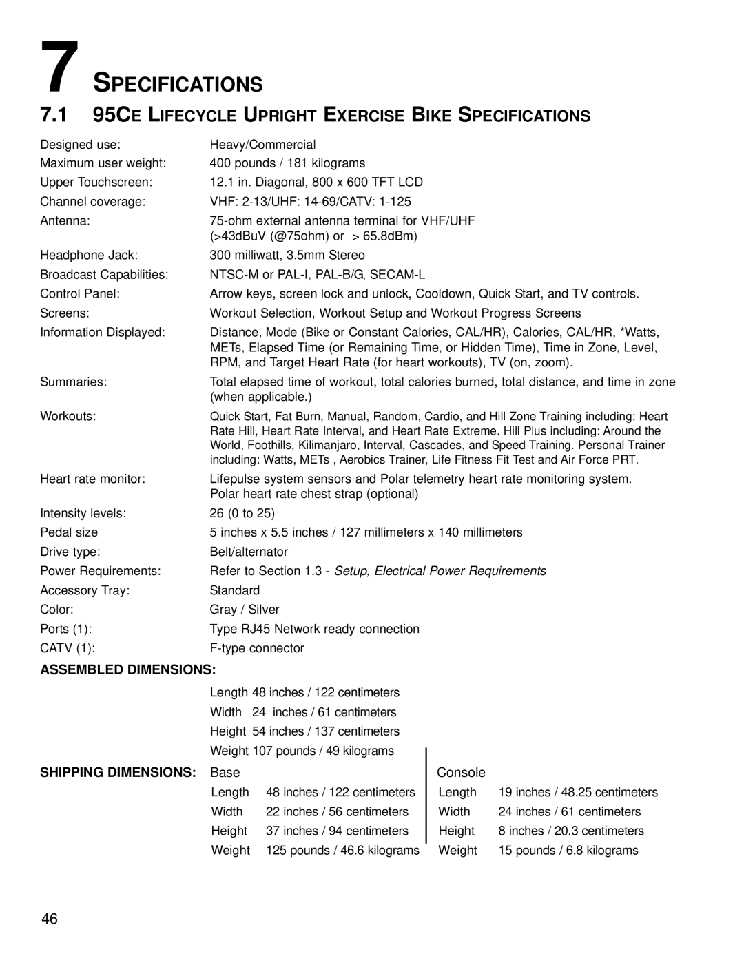 Life Fitness operation manual 95CE Lifecycle Upright Exercise Bike Specifications, Assembled Dimensions 