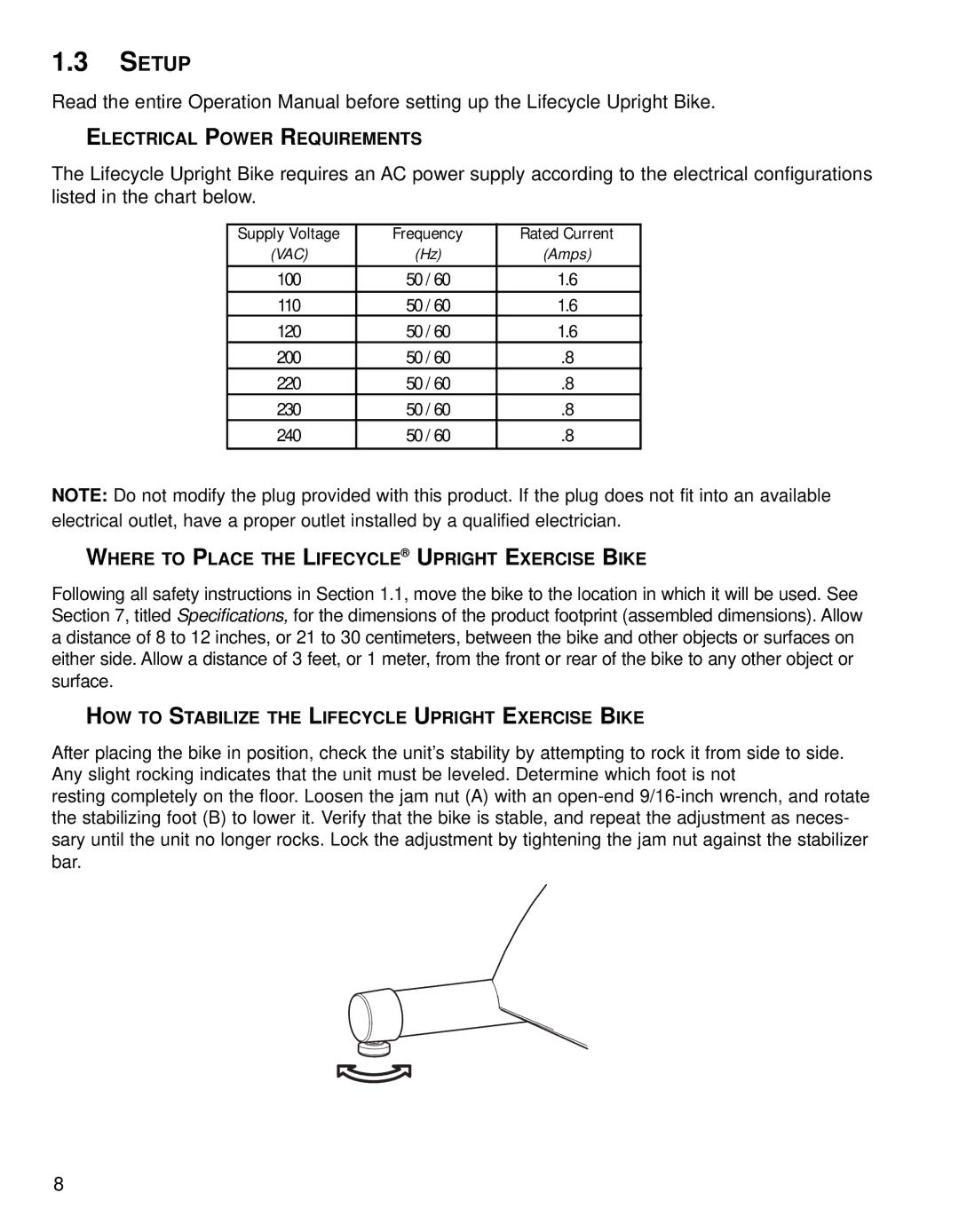 Life Fitness 95CE operation manual Setup, Electrical Power Requirements, Where to Place the Lifecycle Upright Exercise Bike 