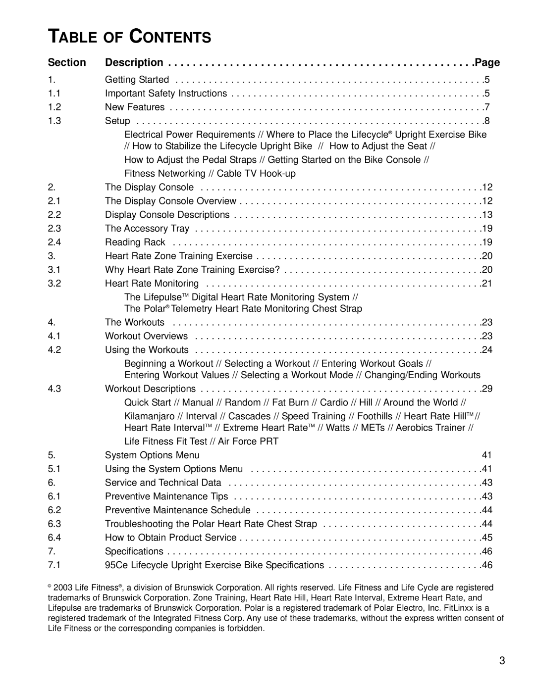 Life Fitness 95CE operation manual Table Of Contents, Section, Description, Page 