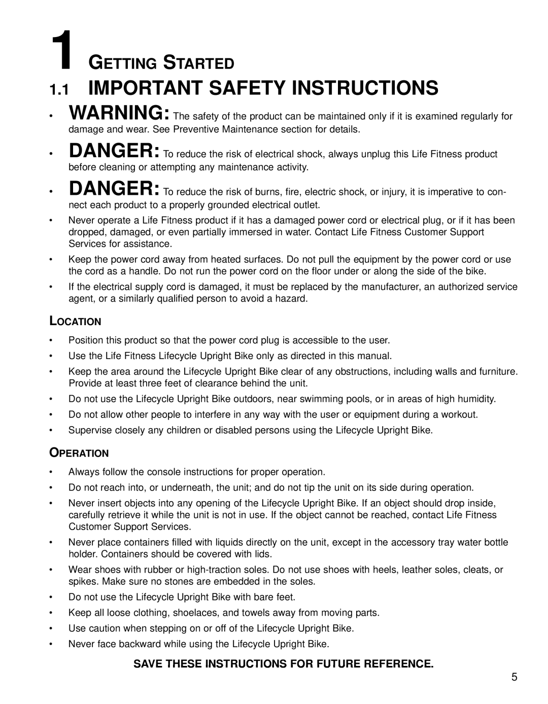 Life Fitness 95CE operation manual Important Safety Instructions, Getting Started, Location, Operation 