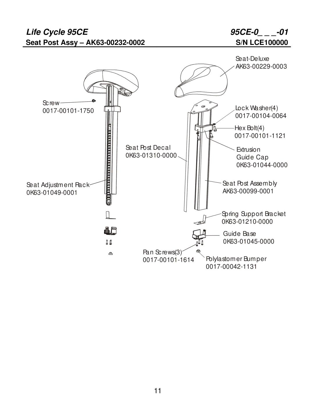 Life Fitness 95CEZ manual Seat Post Assy AK63-00232-0002 LCE100000 