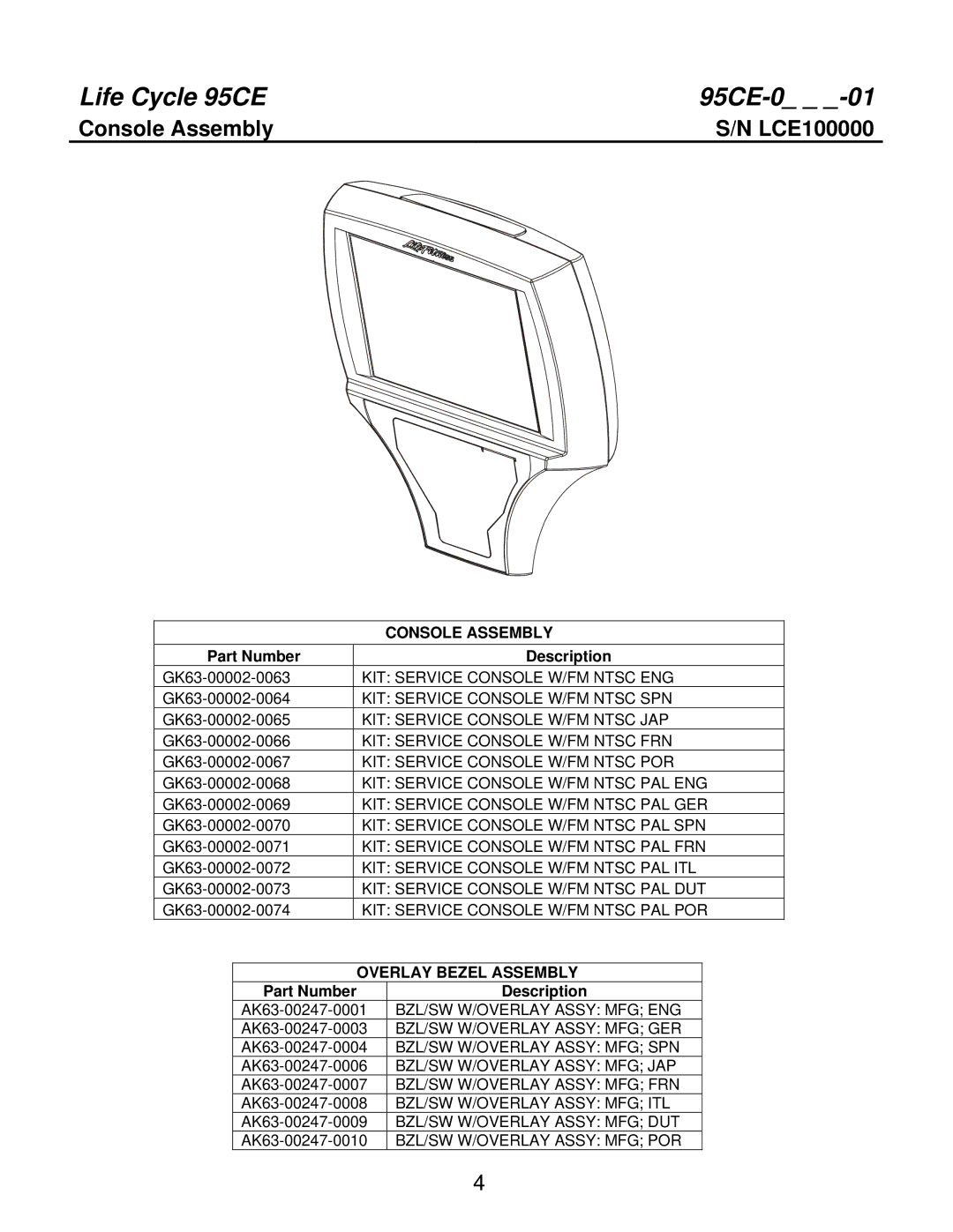 Life Fitness 95CEZ manual Console Assembly LCE100000 