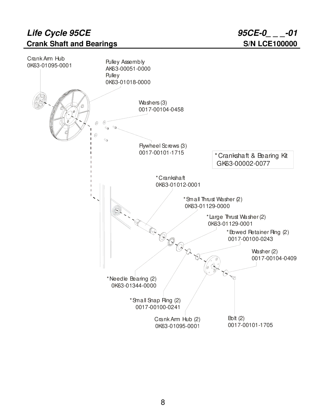 Life Fitness 95CEZ manual Crank Shaft and Bearings LCE100000, GK63-00002-0077 