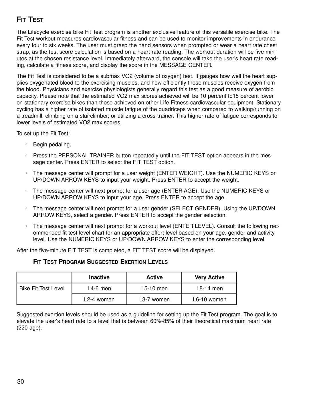 Life Fitness 95CI operation manual FIT Test, Inactive Active Very Active 