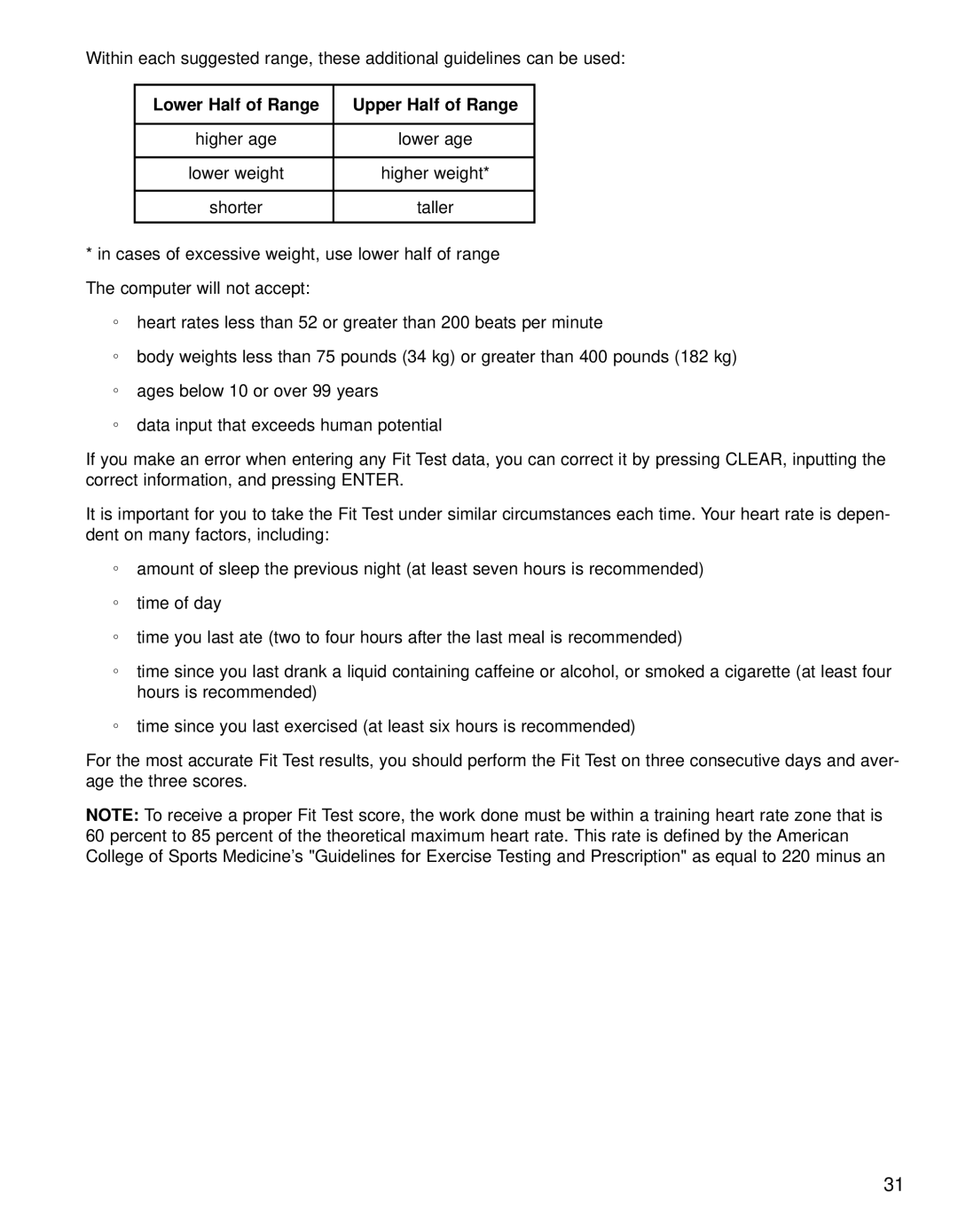 Life Fitness 95CI operation manual Lower Half of Range Upper Half of Range 