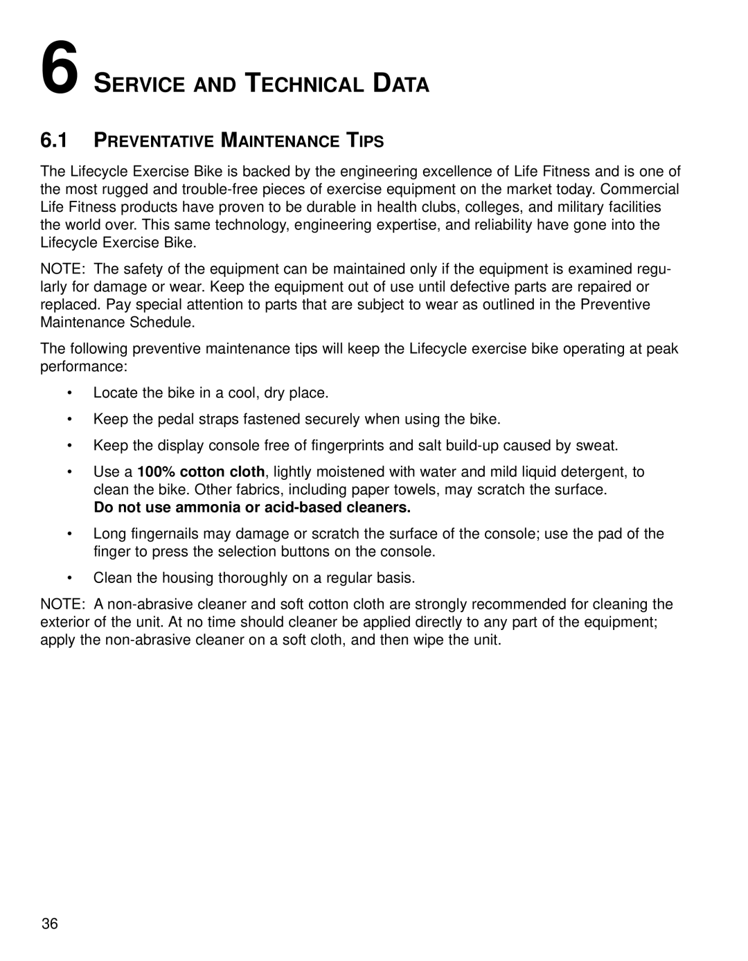 Life Fitness 95CI Service and Technical Data, Preventative Maintenance Tips, Do not use ammonia or acid-based cleaners 