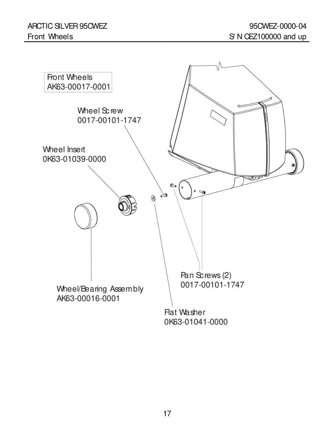 Life Fitness 95CWEZ manual Pan Screws 2 Flat Washer 0K63-01041-0000, Front Wheels 