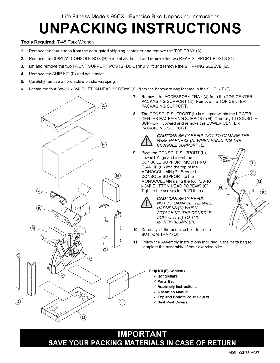 Life Fitness 95CXL operation manual Unpacking Instructions, Tools Required T-45 Torx Wrench 