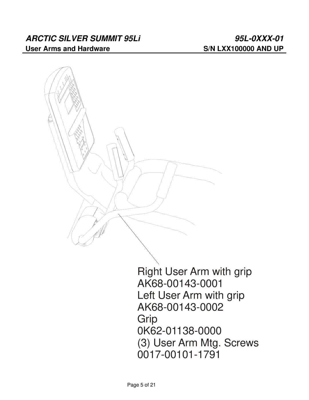 Life Fitness 95L manual User Arms and Hardware 