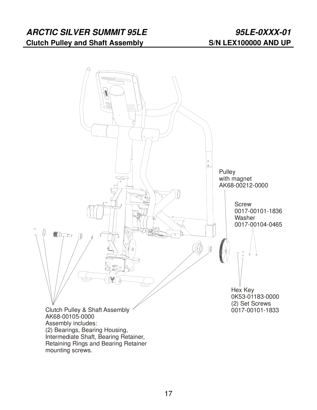 Life Fitness 95LE-0XXX-01 manual Clutch Pulley and Shaft Assembly LEX100000 and UP 