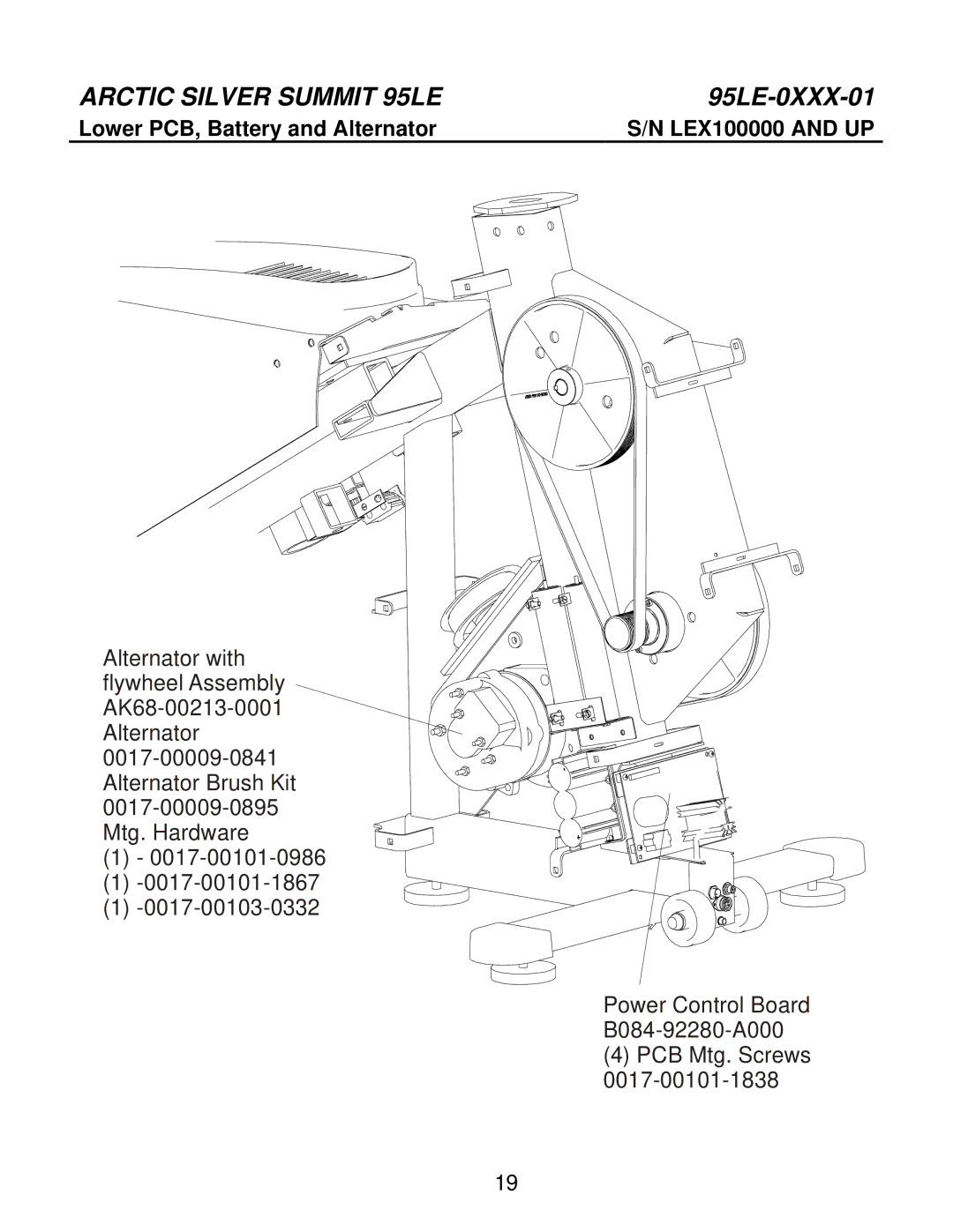 Life Fitness 95LE-0XXX-01 manual Lower PCB, Battery and Alternator LEX100000 and UP 